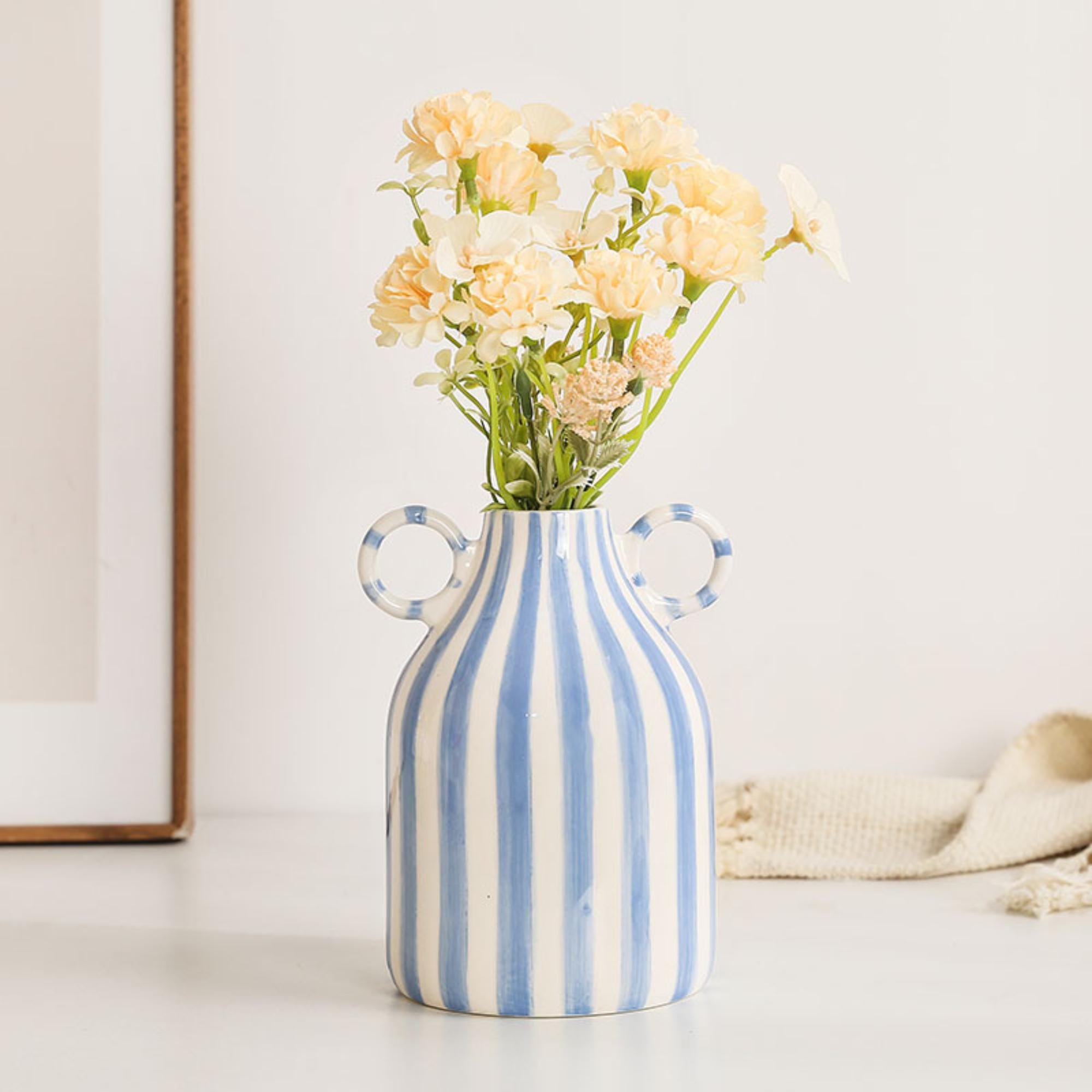 Striped Ceramic Vase: Nordic Home Decor with Dual Handles