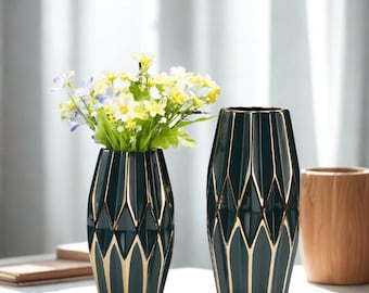 Nordic Ceramic Vase – Black & White Diamond Pattern with Gold Accents | Modern Minimalist Home Decor