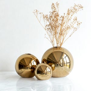 Set of 3 Gold Ceramic Ball Vases – Modern Minimalist Home Decor, Elegant Centerpieces, Luxury Tabletop Accents, Gift for Her