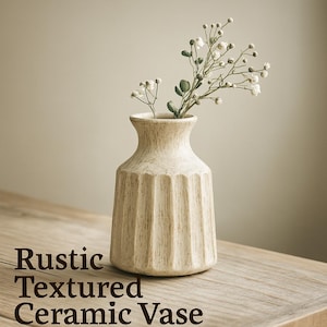 May include: A rustic textured ceramic vase with a white glaze and a ribbed design. The vase is filled with white flowers.