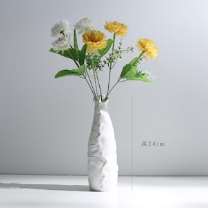 Textured White Ceramic Vase with Faux Flowers - Modern Minimalist Decor