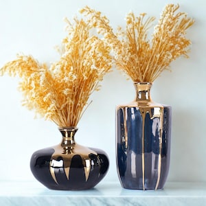 Luxury Black & Gold Ceramic Vase Set | Modern Elegant Vases for Living Room, Shelf, Centerpiece Styling | Home Decor Gift