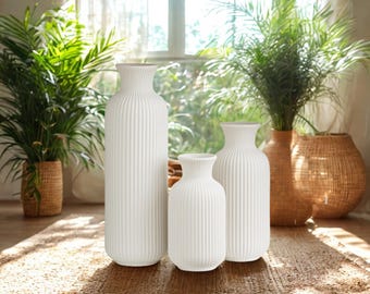 Minimalist White Ribbed Ceramic Vase: Nordic Home Decor