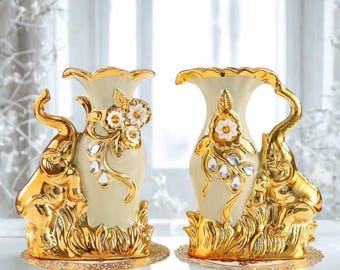 Ceramic Elephant Vase Set: Boho Home Decor, Optional Rose