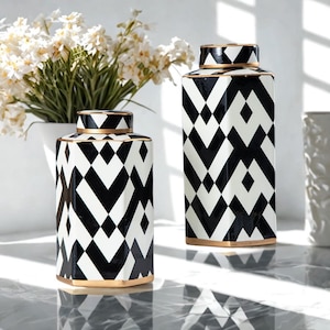 Può includere: Due vasi decorativi in ceramica con motivi geometrici bianchi e neri. I vasi hanno finiture dorate e coperchi coordinati. Un vaso bianco con fiori sullo sfondo.