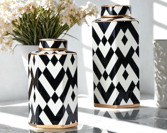 Geometric Ceramic Vase – Black & White with Gold Accents | Modern Home Decor