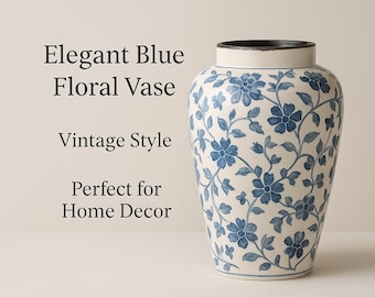Elegant blå blommig keramisk vas – Vintageinspirerad heminredningsdetalj