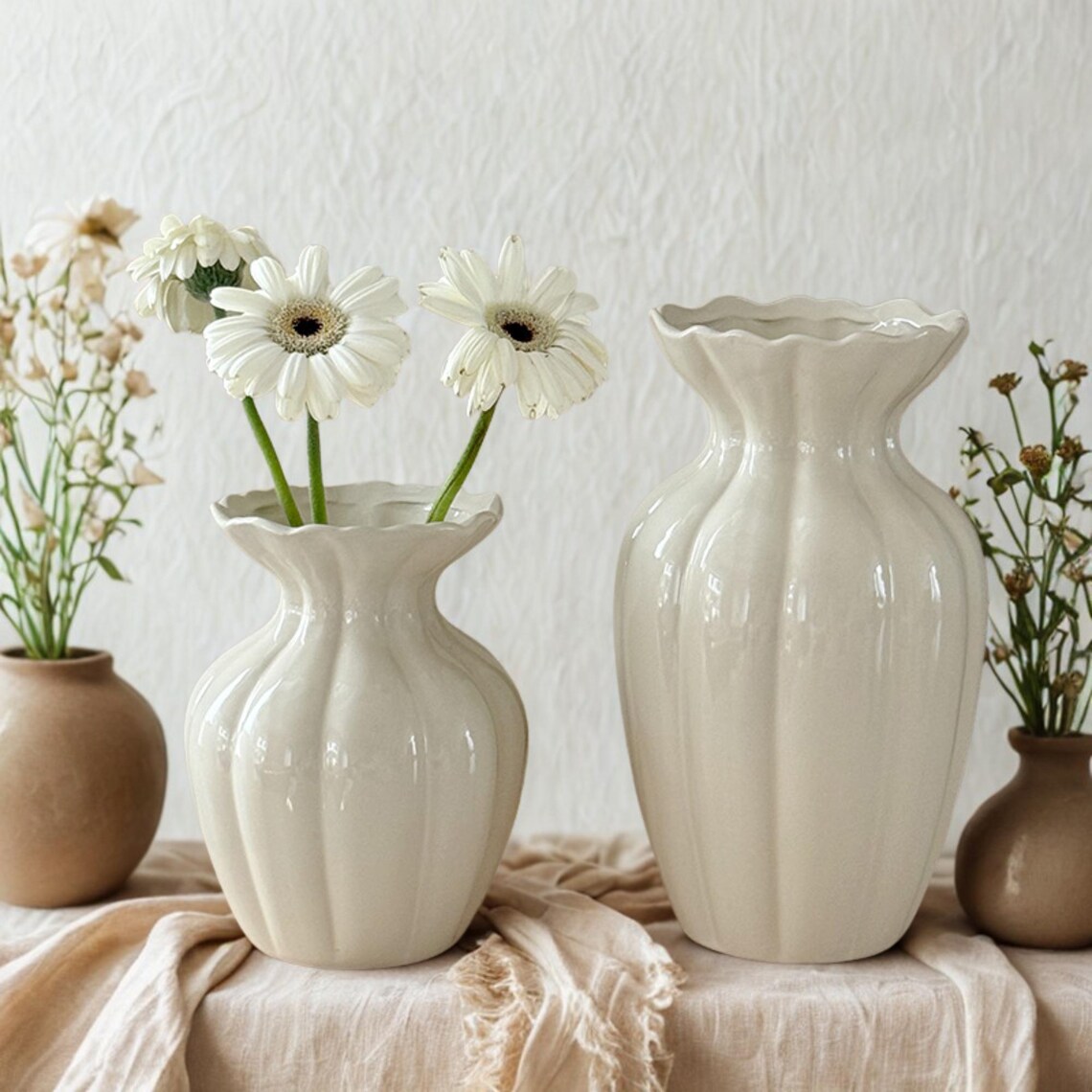 Elegant White Ceramic Vase | Fluted Design | Minimalist Home Accent - Etsy