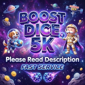 Puede incluir: Un gráfico digital con el texto BOOST DICE 5K, Please Read Description y FAST SERVICE. La imagen muestra un perro de dibujos animados y un personaje con traje de astronauta sobre un fondo espacial con planetas, dados y monedas de oro.