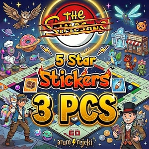 May include: A digital illustration featuring a board game theme with the text The Simpsons, 5 Star Stickers, and 3 PCS. The image includes a central game board, a cartoon character with a multi-colored fox, a man in a top hat, and various fantasy creatures.