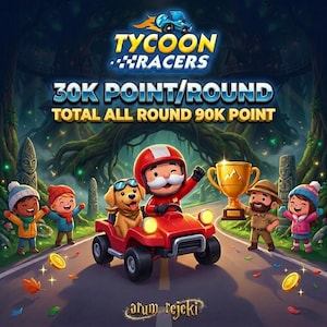 May include: A vibrant digital illustration for "Tycoon Racers" features a red race car driven by a cartoon character with a dog. The image includes the text "30K POINT/ROUND" and "TOTAL ALL ROUND 90K POINT". Other characters and a trophy are also present.