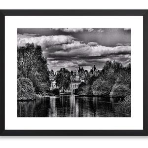 Palace black and white digital download, lake printable wall art, landscape photography, black and white digital print, charming art print.