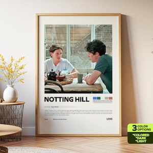 Può includere: Un poster cinematografico incorniciato per "Notting Hill" con una scena con due persone a un tavolo. Il poster ha una cornice in legno e include il titolo del film, i crediti e una tavolozza di colori. Lo sfondo è beige chiaro.