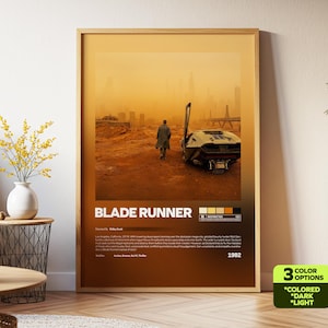 以下が含まれることがあります： 映画「ブレードランナー」のフレーム入りポスター。未来的な車から離れていく人物が、荒涼としたオレンジ色の風景の中に描かれています。ポスターには映画のタイトルと公開年が記載されており、カラーオプションも用意されています。