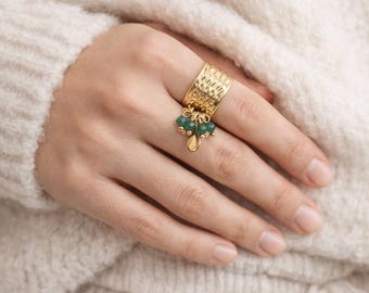ステンレススチールに天然石をあしらった調節可能なリング、レディースリング、オリジナルギフト