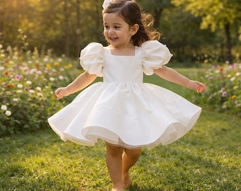 Flower Girl Satin Dress with Bow | White Wedding Outfit for Girls | Puff Sleeve Pearl