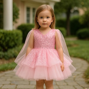 May include: A pink dress with a V-neck bodice and layered tulle skirt. The bodice is embellished with sequins, and the dress has sheer cape sleeves. The dress is designed for a child.