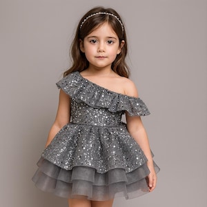 grey childrens dress Birthday Toddler Dress, Formal Grey Girl Dress, Prom Graduation Girl Gown, Tutu Princess Cake Smash 70s Dress, Flower Girl Dress