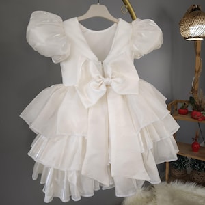 Handmade White Satin Tutu Dress Girl, V-Back Girl Dress, Toddler Girl Summer Dress, with Bow, Baptism Dress, Princess Dress Gift Baby Girl