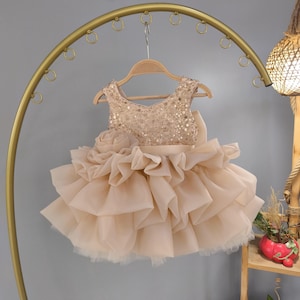 Champagne Gold Sequin Toddler Dress: Tulle Flower Girl Outfit