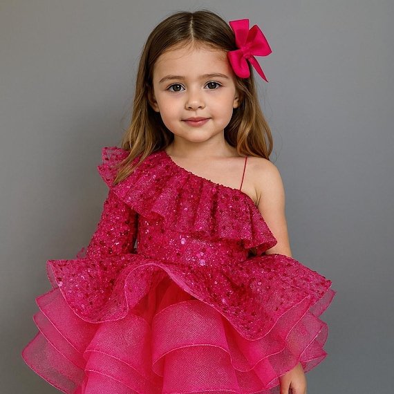 Fuchsia Sequin One-Shoulder Girls Dress: Tulle Bow Party Gown Fuchsia Sequin One-Shoulder Girls Dress: Tulle Bow Party Gown