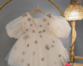 Handmade Beige Flower Girl Dress with Puffy Sleeves and Big Bow, Tulle Dress with 3D Floral Details for Birthday Party, Gift for Baby Girl