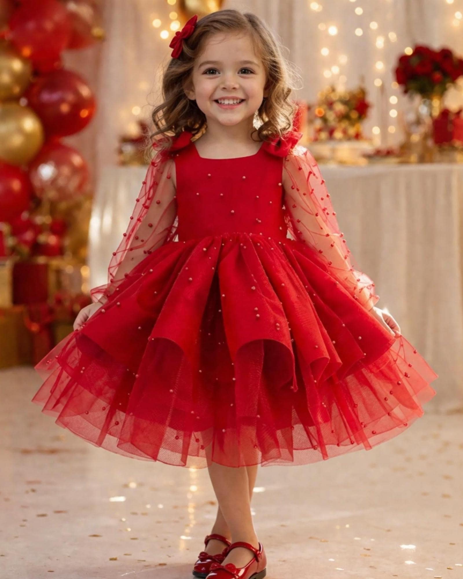 open lace back dress Luna Red Long Sleeve Smocked Dress