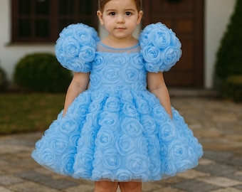 Vestido de tul azul con rosas 3D hecho a mano: elegante vestido de fiesta para niña pequeña, vestido de princesa.
