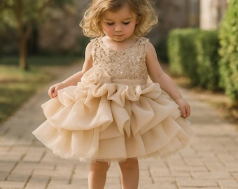 Handmade Champagne Gold Sequin Tulle Dress: Flower Girl Outfit