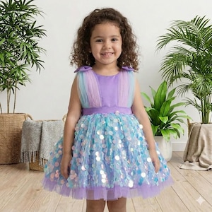 Mermaid Sequin Tulle Dress: Holographic Sparkle, Big Bow Princess Girl's Dress