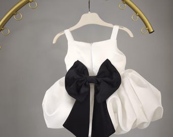 Flower Dress Girl with Back Bow, Handmade Sundress for Toddler Girl, Tulle Flower Girl Dress for Gift for Little Girl, Black White Color