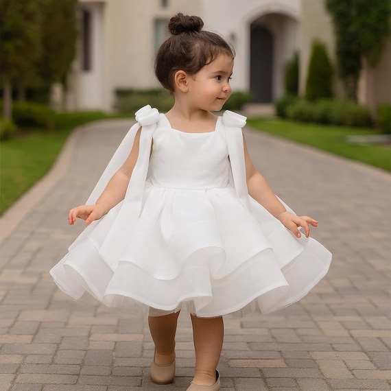 White Toddler Organza Tulle Dress, Layered Skirt, Bow Shoulder Straps,  Baptism Gown . - Etsy