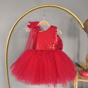 Red One Shoulder Sequin Toddler Girl Dress with Tulle and Bow – Party Dress for Birthday, Wedding or Special Occasions