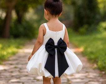 Handmade Tulle Flower Girl Dress: White Sundress with Black Bow