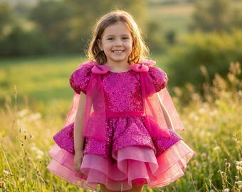 Fuchsia Sequin Toddler Girl Dress: Chiffon Bow Party Gown Princess Girl's Dress