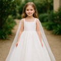 Handmade White Pearl Tulle Dress, Puffy Skirt, Cape Sleeves, Detachable Bow (Flower Girl Dress)