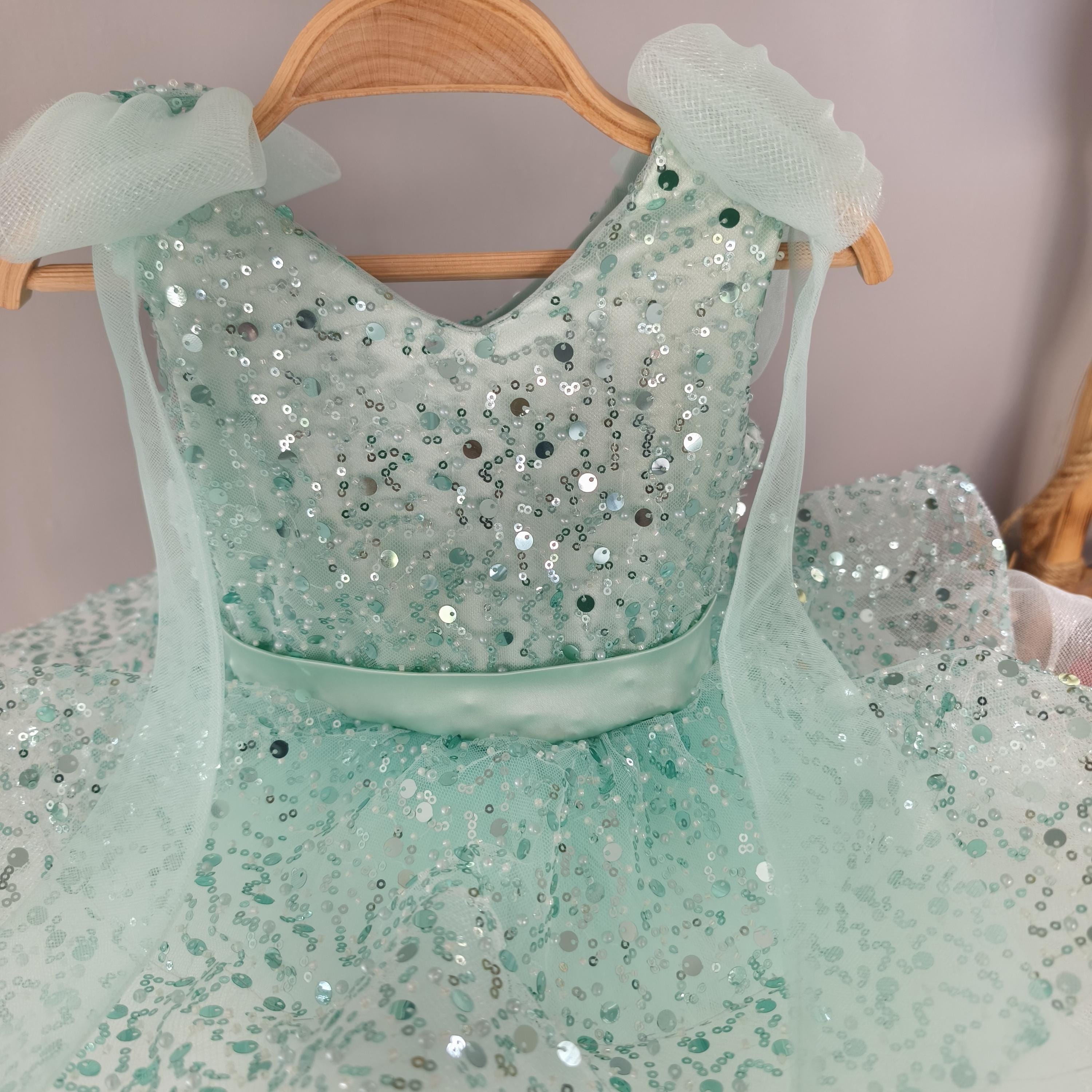 Sequin Mint Green Tulle Dress: Organza Bow Gown Princess Girl's Dress Sequin Mint Green Tulle Dress: Organza Bow Gown Princess Girl's Dress