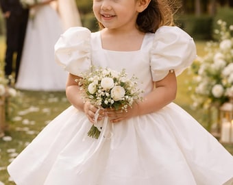 Flower Girl Dress White Satin – Puff Sleeve Princess Dress for Weddings & Special Occasions