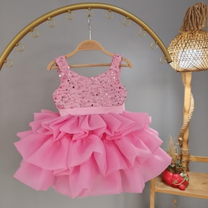 Handmade Pink Sequin Ruffle Dress for Toddler Girl, Puffy Layered Birthday Dress with Bow for Baby, First Birthday Dress for Girl