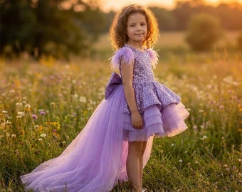 Lilac Sequin Feather Birthday Dress: Puffy Tulle Toddler Gown, Princess Girl's Party Dress