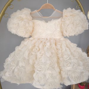 Weißes Rosenkleid mit hinterer Schleife für besonderen Anlass, Beige Puffärmel Geburtstagskleid, Kleid für den ersten Geburtstag, Geschenk für Neugeborene, Rosenmuster