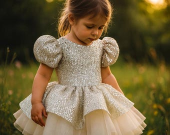 Flower Girl Dress, Ivory Girl Outfit, Puff Sleeve Gown