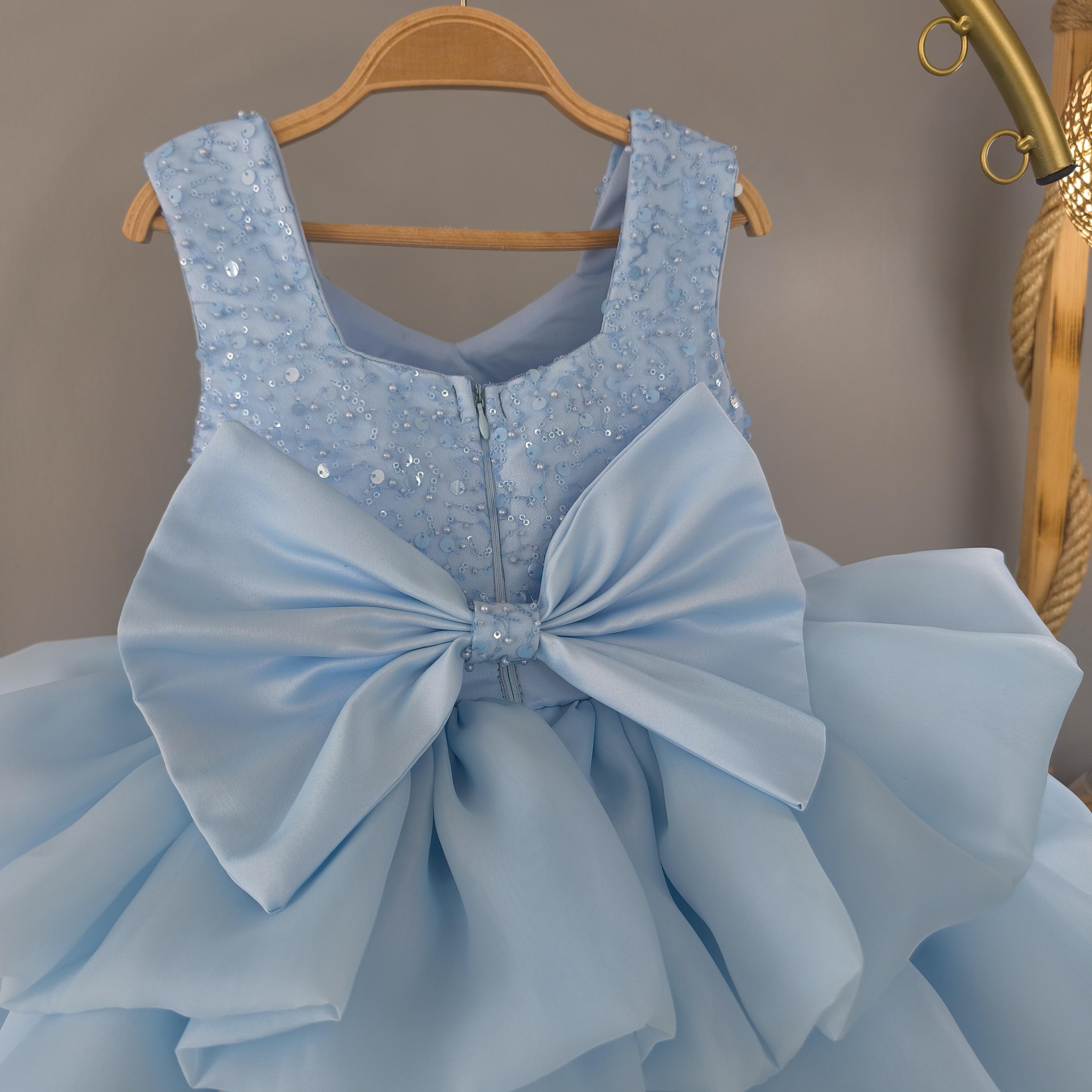 Handmade Baby Blue Beaded Layered Dress for Baby Girls - Sparkly Sequin Bodice with Big Bow Back and Puffy Tulle Skirt - Gift for Doughter
