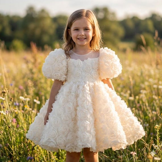Handmade 3D Rose Tulle Dress: Beige Puffy Sleeve Bow Princess Girl Birthday Gift Handmade 3D Rose Tulle Dress: Beige Puffy Sleeve Bow Princess Girl Birthday Gift