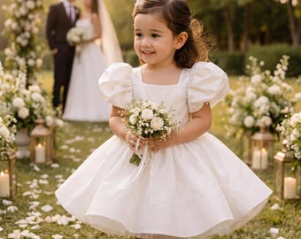 White Satin Flower Girl Dress, Ring Bearer Outfit, Birthday Gown