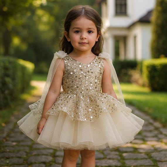 gold sequin tulle dress Flower Girl Dress, Birthday Gown, Party Toddler Outfit champagne gold prom dresses