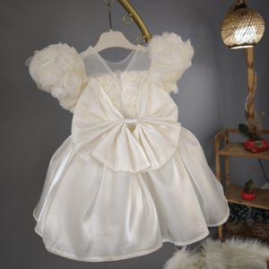 Handmade Ivory Tulle Floral Dress for Baptism and Communion, Infant Girl Satin Dress with Rose Detail, Tutu Dress, Toddler Girl Dress Gift