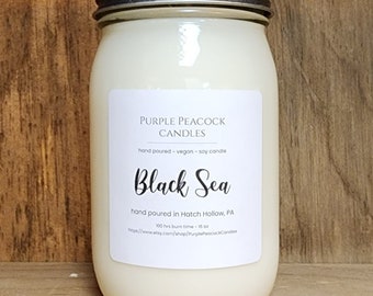 Black Sea Soy Candle,  Be seduced with this sweet yet salty oceanic scent combined with amber and vanilla.