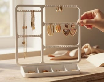 Jewelry stand for earrings, necklaces and rings – modern jewelry organizer with shelf, 20 × 20 cm