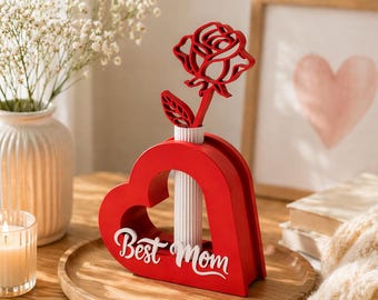 Gift for Mom · Mother's Day vase with heart, rose and "Mom" lettering as dried flower decoration
